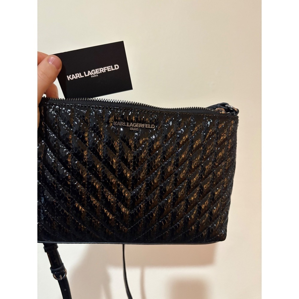 Karl Lagerfeld Paris Quilted Patent Leather Cosmetic Pouch‎ Black